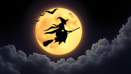 Witch Flying Across the Moon Background