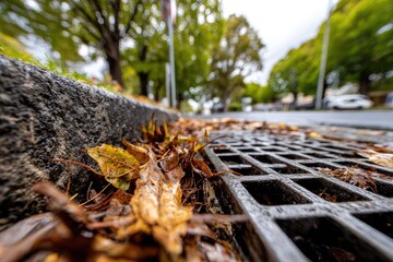 Autumn leaves clog a street drain