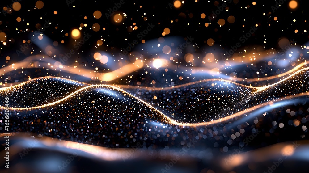 Aufkleber glowing golden and blue light waves flow through dark space with sparkling particles and bokeh effec