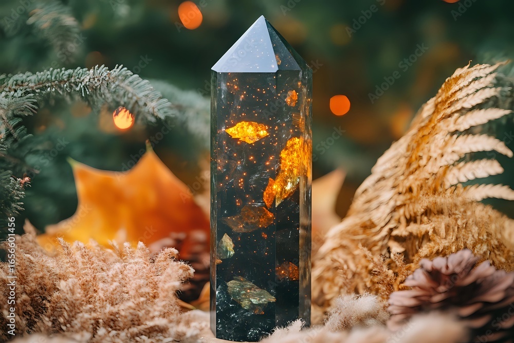 Poster crystal obelisk with golden inclusions surrounded by autumn decorative elements and bokeh lights cre