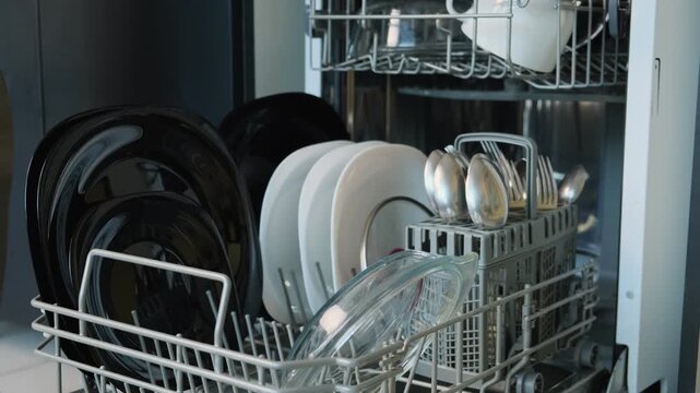 Hand taking clean dishes from dishwasher close up home lifestyle