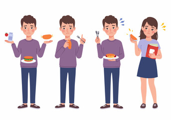 Fototapeta premium People struggling with food choices, illustrating picky eating habits, food aversion, or a general dislike for certain types of meals.