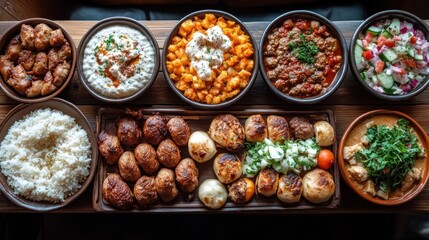 Assorted Middle Eastern dishes on a wooden table