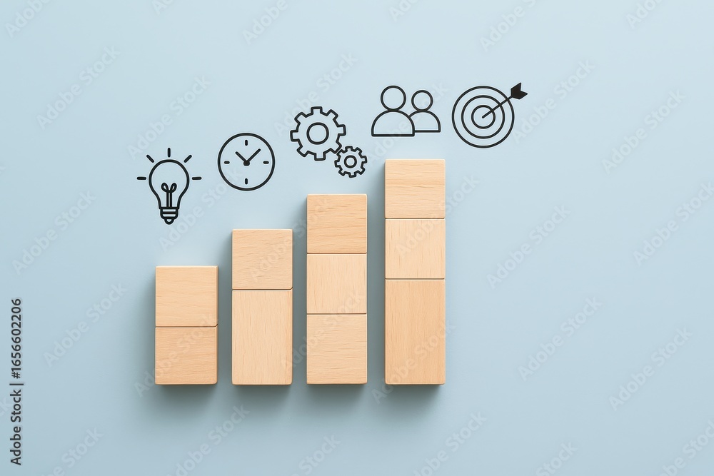 Poster building blocks of progress: a graphical representation of a business growth strategy is illustrated