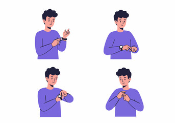 Set of illustrations depicting a young man using and interacting with a smartwatch or fitness tracker, showcasing various gestures and actions on the wearable device.