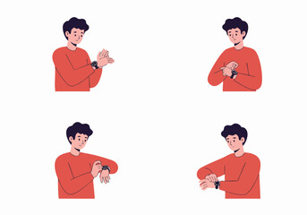 Young man checking his wristwatch in various poses, illustrating concepts of time, waiting, and punctuality.