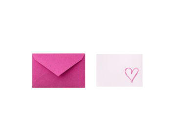 Pink glitter envelope cutout beside a message card with a hand-drawn pink heart