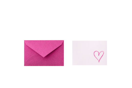 Pink glitter envelope cutout beside a message card with a hand-drawn pink heart