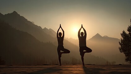 Silhouettes of two people practicing yoga in a mountain landscape at sunrise