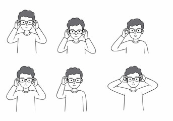 Collection of diverse illustrations showing a man adjusting eyeglasses, expressing various reactions from confusion to surprise, highlighting vision and eye care concepts.