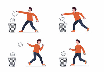 Illustrations of a man tossing crumpled paper into a bin, showing attempts and outcomes of waste disposal.