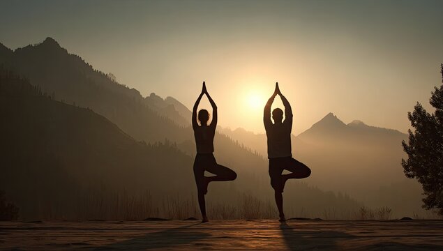 Silhouettes of two people practicing yoga in a mountain landscape at sunrise