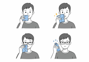 Illustrations depicting a man's routine for fresh breath and facial cleanliness, showcasing oral hygiene products.