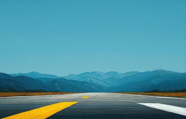 Empty runway leading to distant mountains under a clear sky