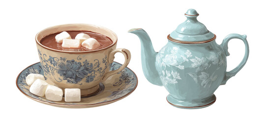 Vintage Tea Set with Cup and Teapot on Transparent Background