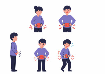 Abdominal pain illustrations: people experiencing stomach aches, cramps, and digestive discomfort in various postures.