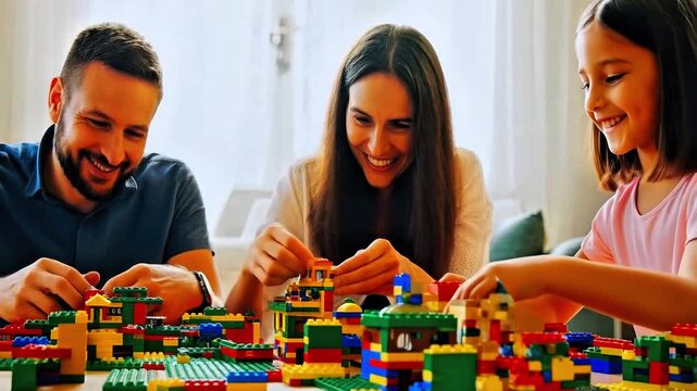 Happy family with child playing with constructor blocks together at a table in living room. Parents and daughter building with colorful toys, enjoying educational game. Family bonding and leisure.