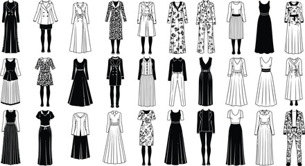Fototapeta premium Chic fashion collection featuring dresses, suits, and outerwear