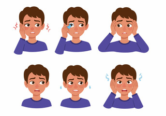Illustrations of a young boy experiencing various health issues and discomfort, including headaches, eye strain, crying, anxiety, fever, and ear pain.