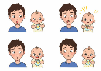 Cartoon father and baby expressions set: illustrating a range of emotions and playful interactions in parenting.