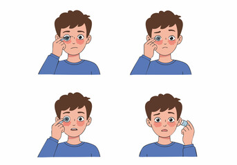 A distressed boy dealing with red, irritated eyes, showing the discomfort and process of eye care or removing an irritant, possibly due to allergies.