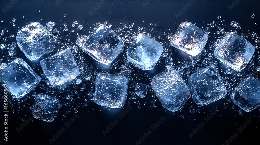 Poster clear ice cubes with water drops and bubbles scattered on dark background, macro photography showing