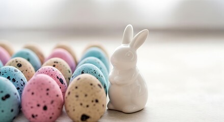 Pastel Easter Eggs and a White Ceramic Easter Bunny
