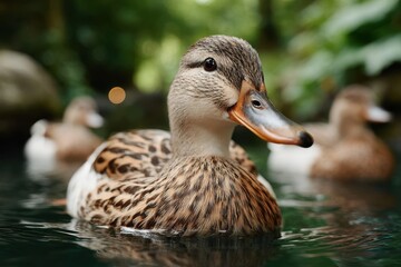 Female Mallard Duck in a Pond with Blurred Background
