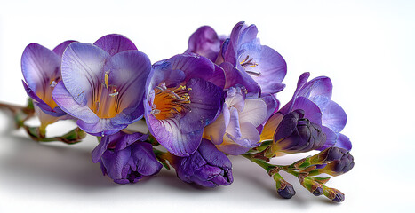 Elegant purple freesia flower isolated on white background. Beautiful freesia branch on white background with copy space. Exotic flowers. Design for postcard