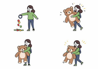 Fototapeta premium Cute cartoon girl enjoying playful moments, from a ring toss game to happy embraces with a soft brown teddy bear.