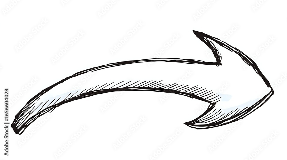 Poster hand drawn curved arrow pointing right with sketchy texture and rough brush strokes on white backgro
