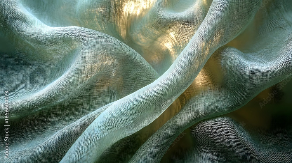Poster ethereal flowing fabric in mint green and gold tones creates abstract waves and curves with soft tex