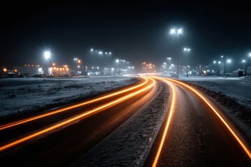 The Light Trails on a Snowy Road at Night, a Long Exposure Photograph