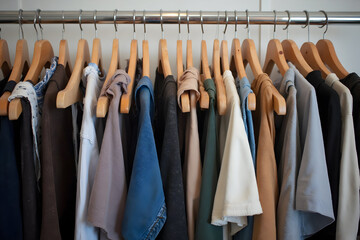 Clothes Hanging in Closet on Wooden Hangers Garment Organization