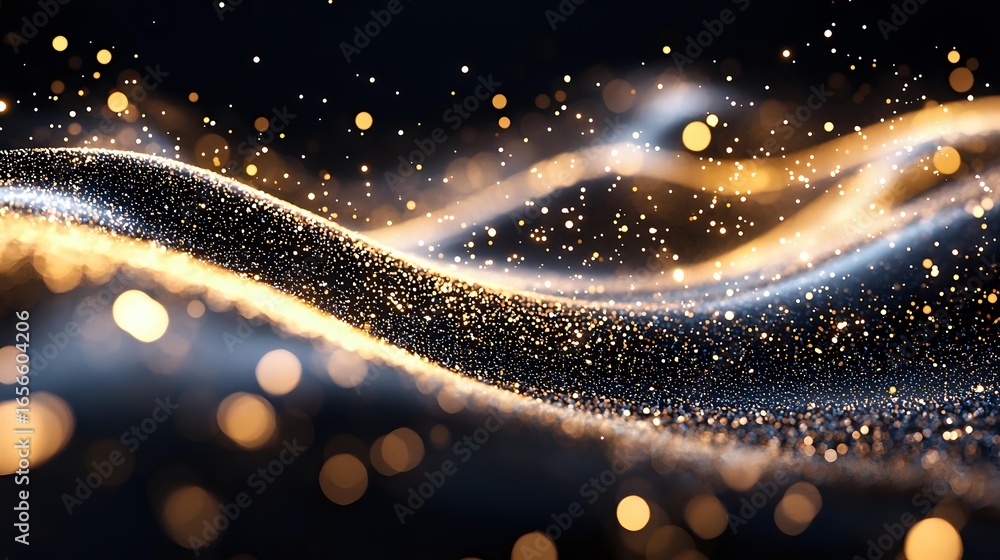 Aufkleber glowing golden waves with sparkling particles flow against dark background creating magical light ef