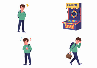 Vector illustrations of male discomforts: sore throat, toothache, headache, and a carnival game.