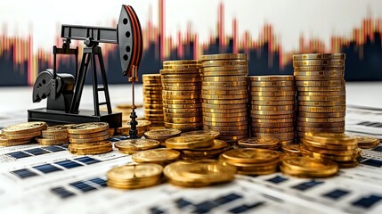 Oil pump jack model with stacks of golden coins on financial chart background, representing petroleum industry profits and commodity trading market.