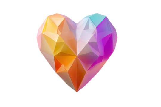 Low poly heart shape geometric design, vector illustration on white background for love and romance concept, vibrant colors minimal flat lay
