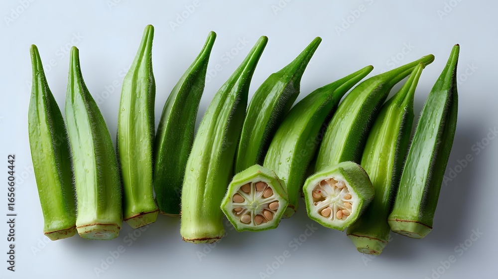 Poster fresh green okra pods arranged in row with two cross sections showing internal star pattern and seed