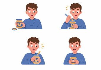 Young man prepares to enjoy a delicious snack from a jar, illustrating the steps of opening and scooping.