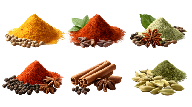 assorted spices set isolated on white background, HD realistic