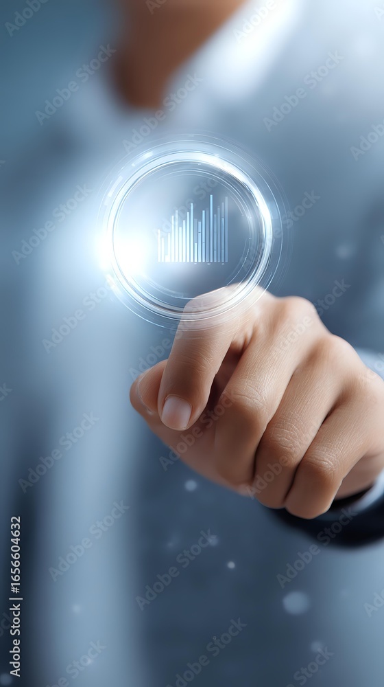 Poster finger touching glowing digital graph interface on virtual screen, futuristic business analytics and
