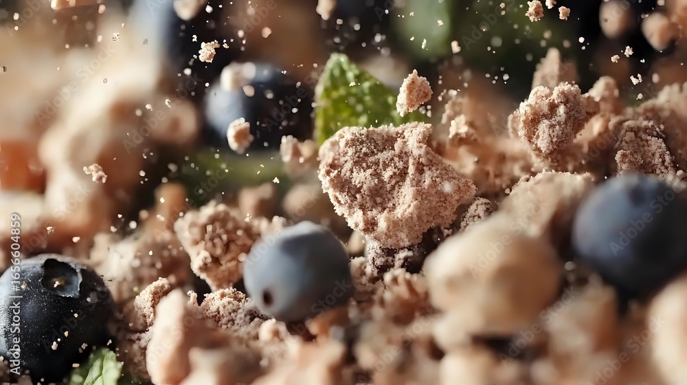 Aufkleber fresh blueberries scattered among crumbled chocolate cookie pieces and cake crumbs create appetizing