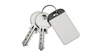 Set of metal keys with blank tag on transparent background