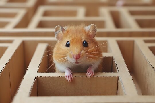 Curious golden hamster peeking out from cardboard maze structure, showing pink paws and nose, with bright eyes and fuzzy ears against geometric pattern background.