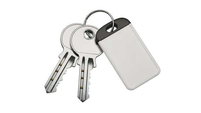 Set of metal keys with blank tag on transparent background