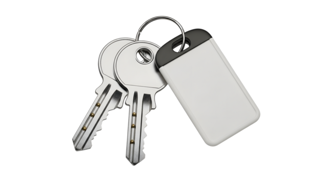 Set of metal keys with blank tag on transparent background