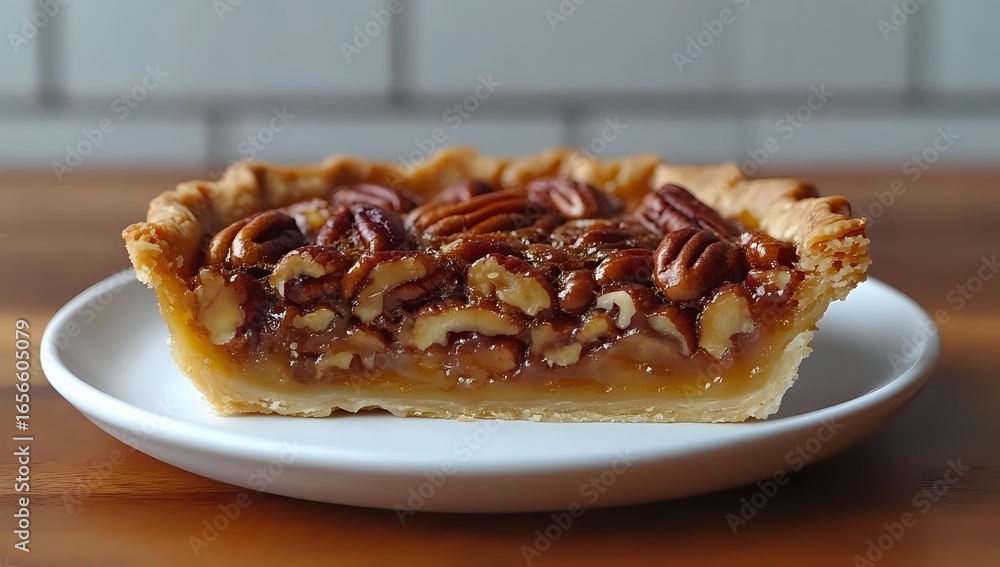 Aufkleber homemade pecan pie slice with golden caramel filling and toasted nuts arranged in concentric circles