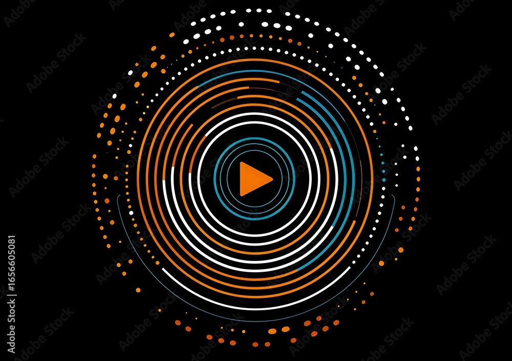 Poster circular audio visualization with play button in center, featuring concentric rings in orange, white