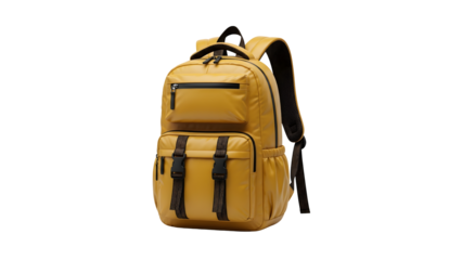A yellow backpack isolated on white transparent background, PNG File. Perfect for clipart
